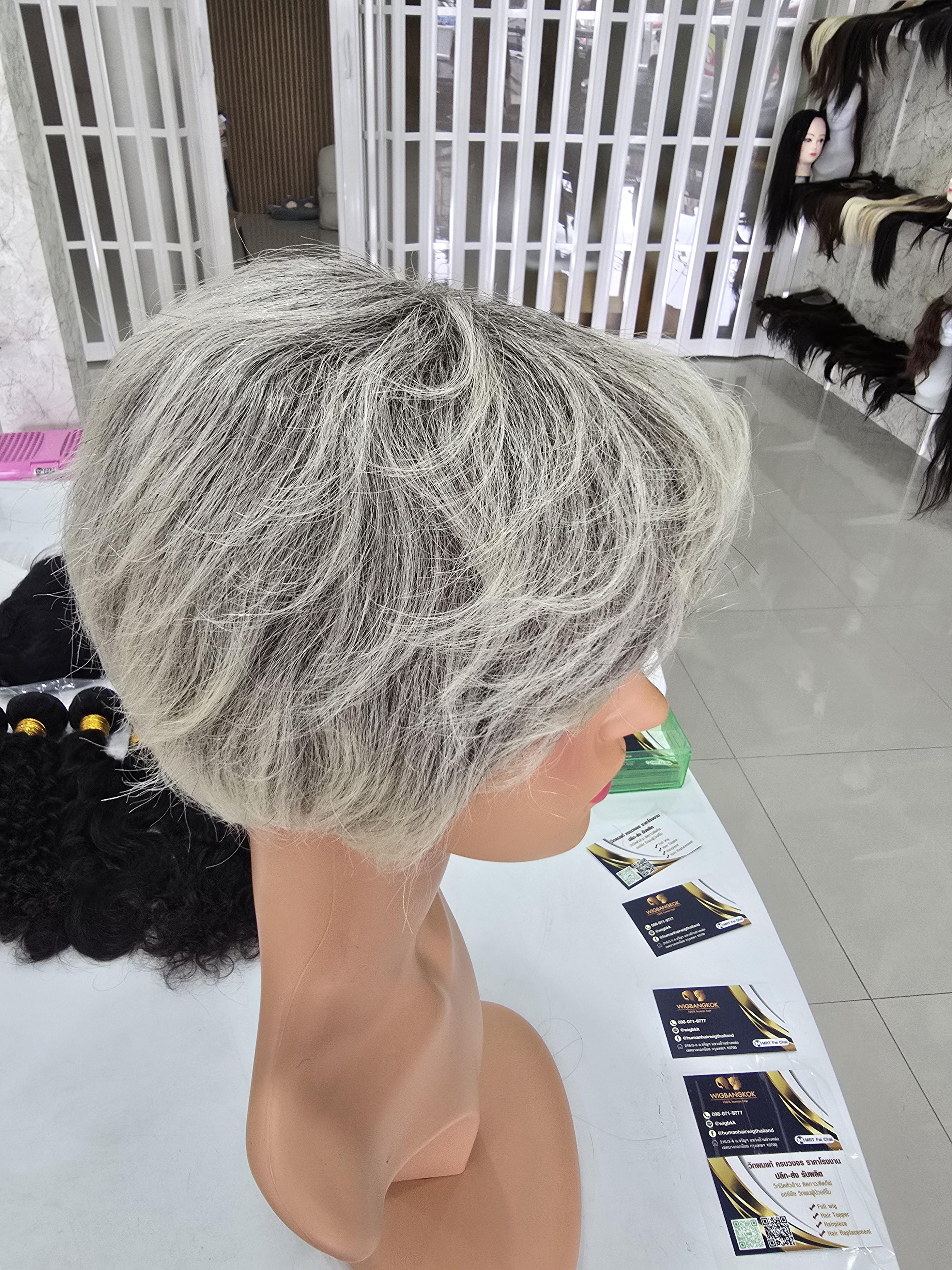 วิกผมหงอกผมขาว ผมแท้100% วิกผู้สูงอายุ คนแก่ ย้อมสีใหม่ได้ Human Hair Grey Wig for Old Women