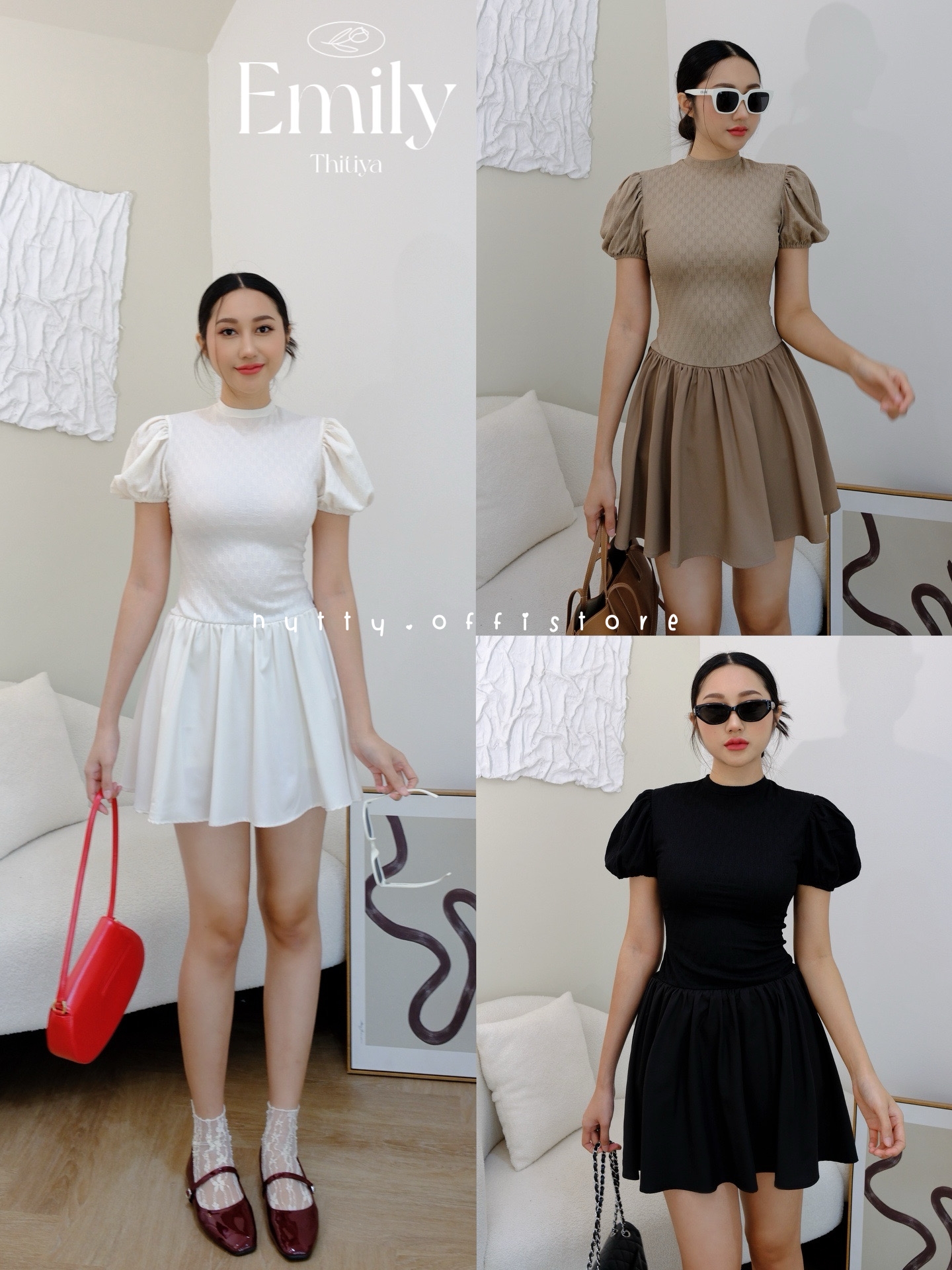 Emily Dress - เดรสสั้นแขนตุ๊กตา ด้านในเป็นกางเกงจั๊มเชื่อมกับตัวเสื้อ Thitiya