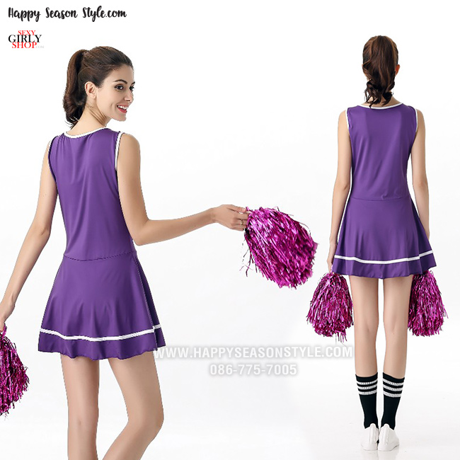 ชุดเชียร์ ชุดเชียร์ลีดเดอร์ เชียร์กีฬา ชุดปอมๆ เชียร์หลีดเดอร์ สีม่วง แซกผ้ายืด สกรีนที่อก Cheer