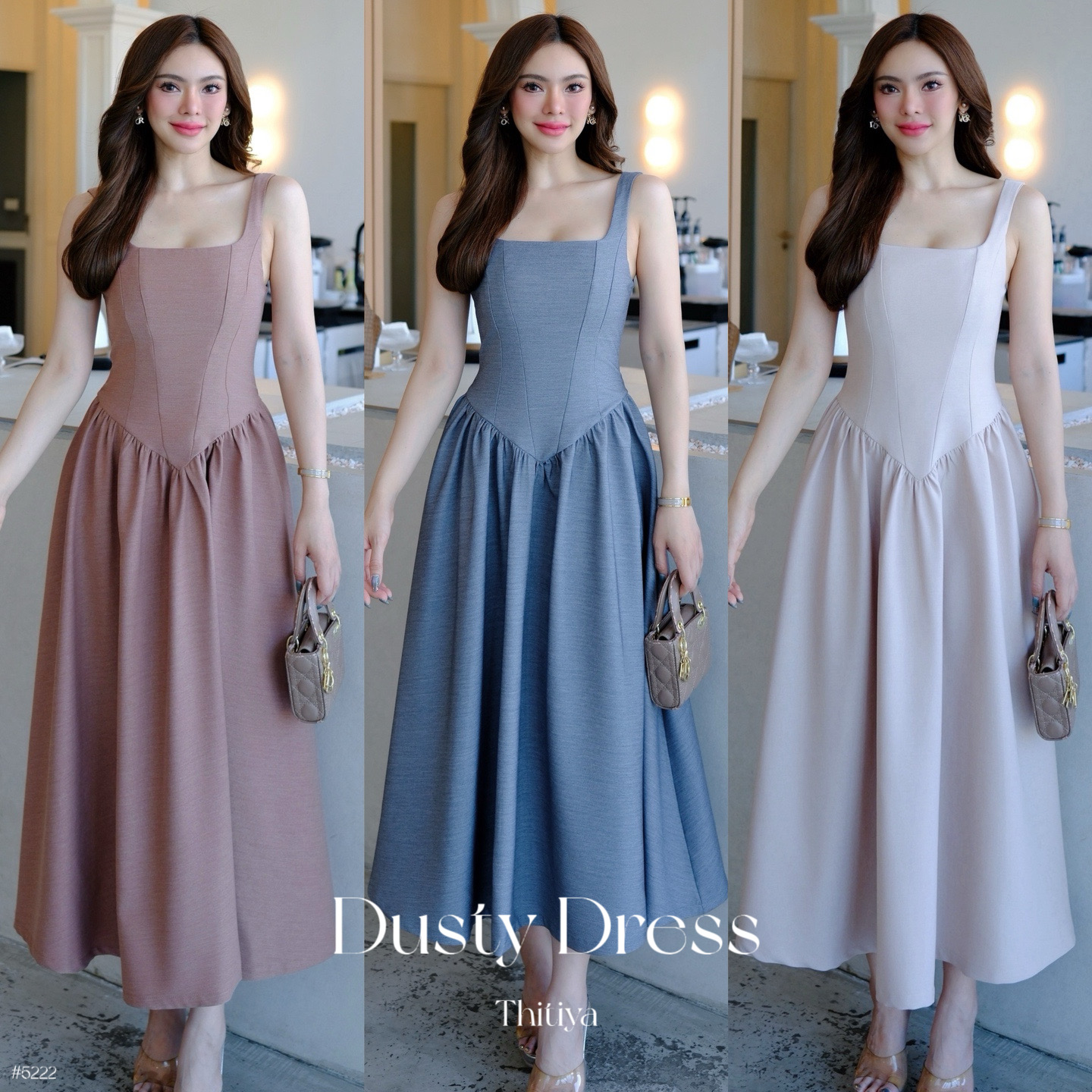 #5222 Dusty Dress เดรสยาวเข้ารูปช่วงอกและเอว ปล่อยชายบานเล็กน้อย คัตติ้งเรียบเน้นทรวดทรง thitiya