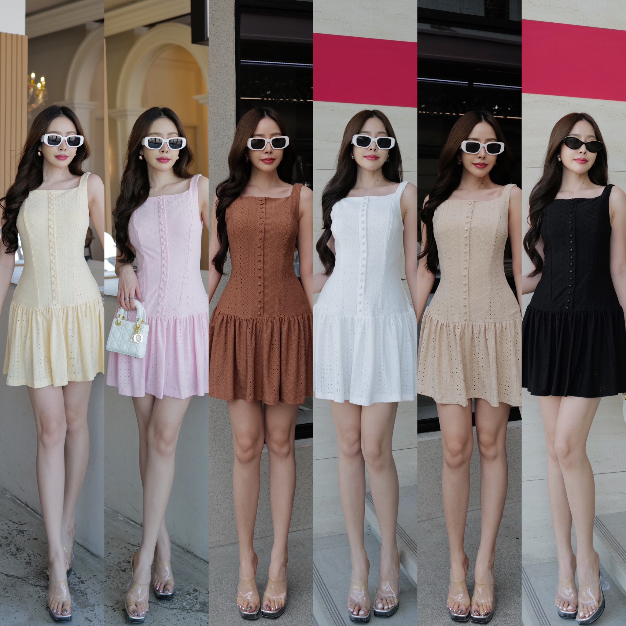 #9755 HILOOK เดรสสั้นเว้าหลังตัวยู คอเหลี่ยมไม่ลึก ผ้าฉลุนิ่ม ยืดไม่แข็งเกรดพรีเมียม มีชับใน