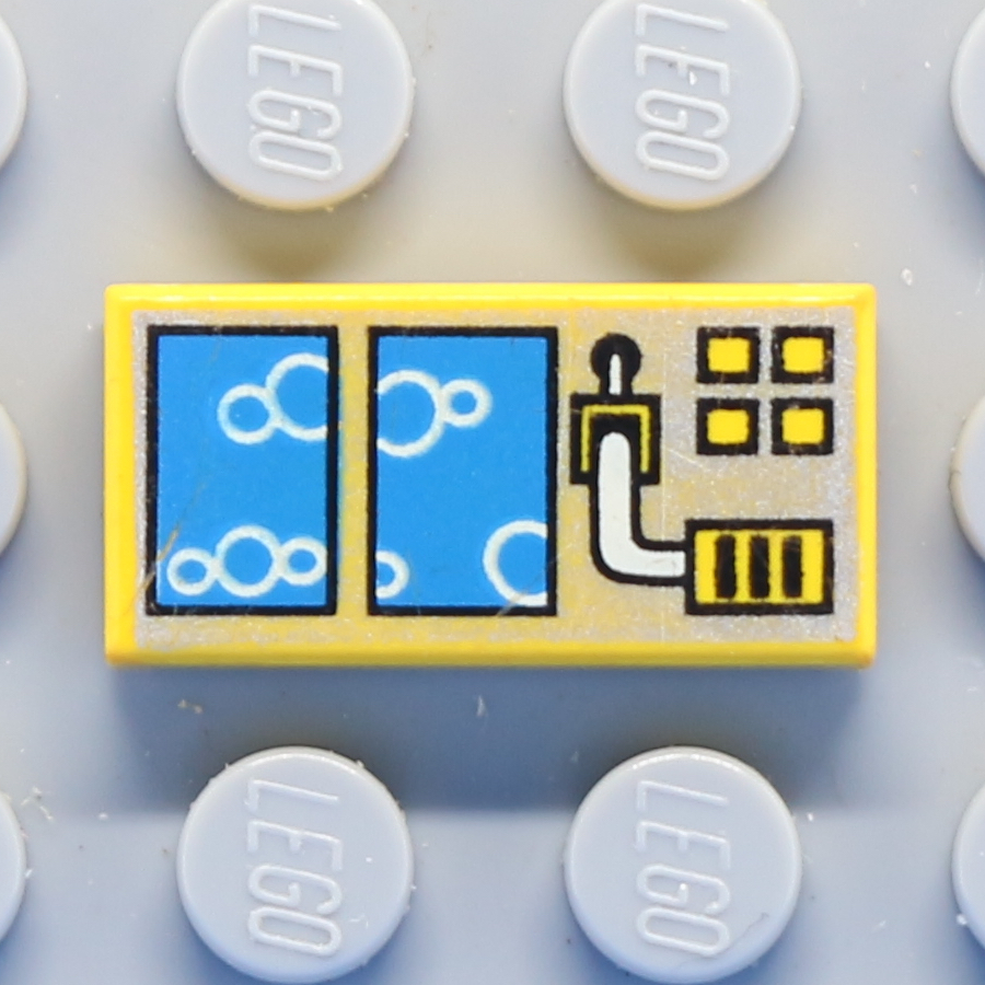 Tile 1 x 2 with Groove with Blue Boxes and Bubbles Pattern