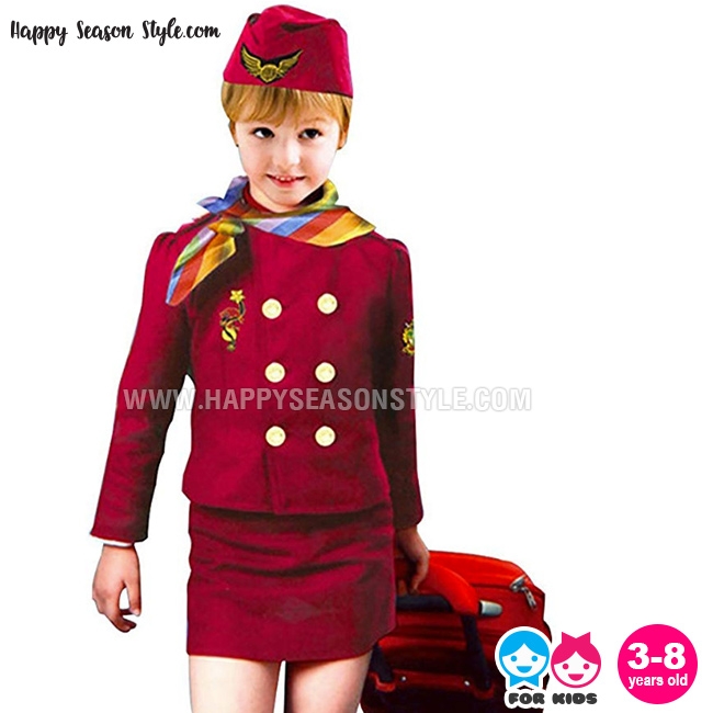 ชุดแอร์โฮสเตท สีแดงเลือดหมู แขนยาว พร้อมหมวก