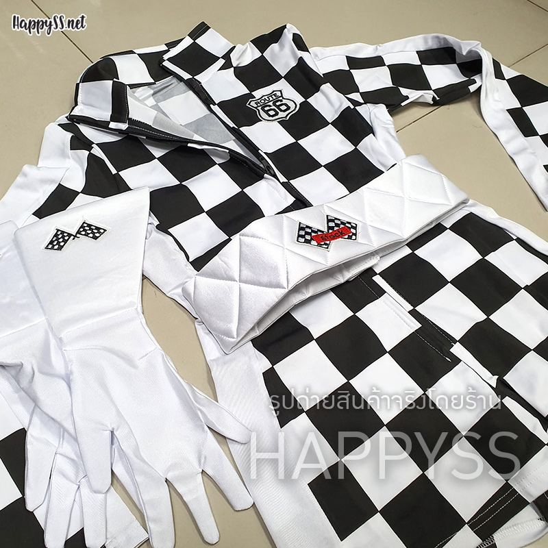 ชุดมอเตอร์โชว์ พีอาร์ พริตตี้ ลายตาราง พร้อมเข็มขัด ถุงมือ