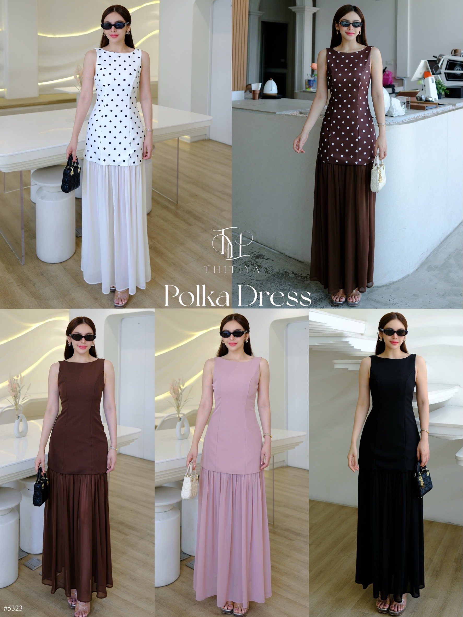 #5323 Polka Dress เดรสยาวสองเลเยเยอร์สไตล์ผู้ดี แบบทำถึง เนื้อผ้าพรีเมี่ยมทั้งชุด thitiya