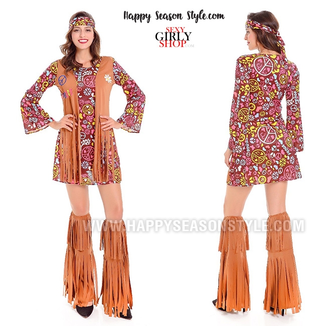 ชุดย้อนยุค แนวบุปผาชน โบฮีเมียนสั้นเสื้อกั๊กน้ำตาล ฮิปปี้ ซิกตี้ 60s