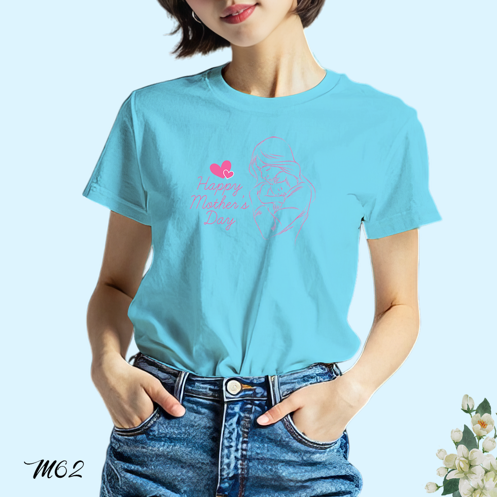 เสื้อฟ้าวันแม่ สกรีนลาย สกรีนลาย Happy Mother's Day M62 เนื้อผ้าโพลีเอสเตอร์ 100% นุ่มใส่สบาย