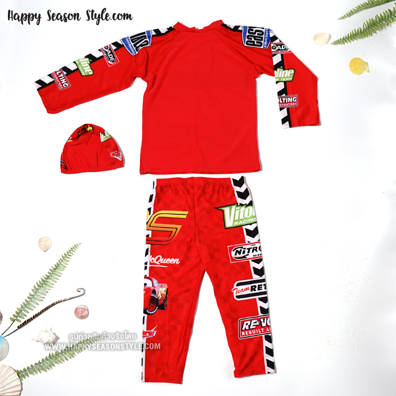 ชุดว่ายน้ำเด็ก สีแดง ลายคาร์ Cars แยกชิ้น แขนยาว ขายาว พร้อมหมวกว่ายน้ำ