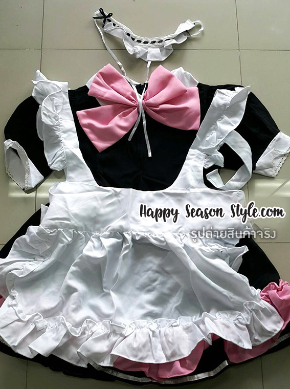ชุดmaid ชุดสาวเสิร์ฟ ขาวดำ โบว์ชมพู ระบายชายชมพู