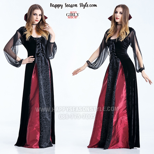 ชุดแม่มด ชุดแวมไพร์ แซกยาวดำแดง แขนซีทรู ปกตั้ง ผ้ากำมะหยี่