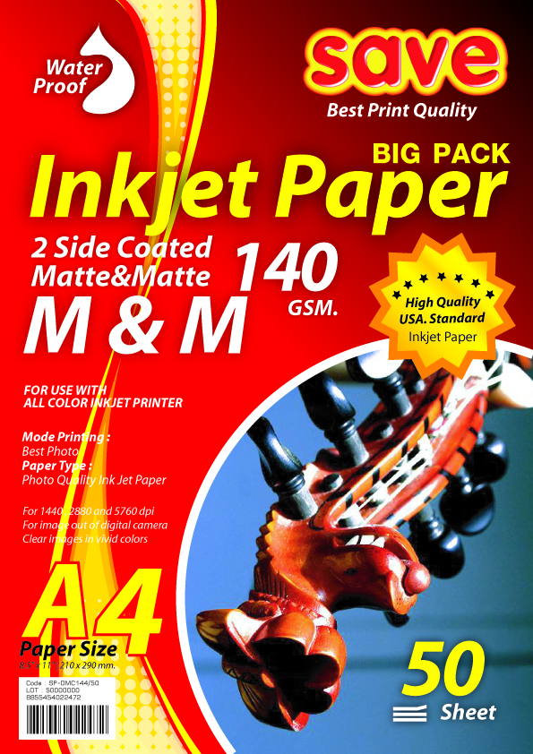กระดาษโฟโต้สองหน้า A4 ผิวด้านทั้ง2หน้า M&M 140g (แพ็ค50แผ่น)