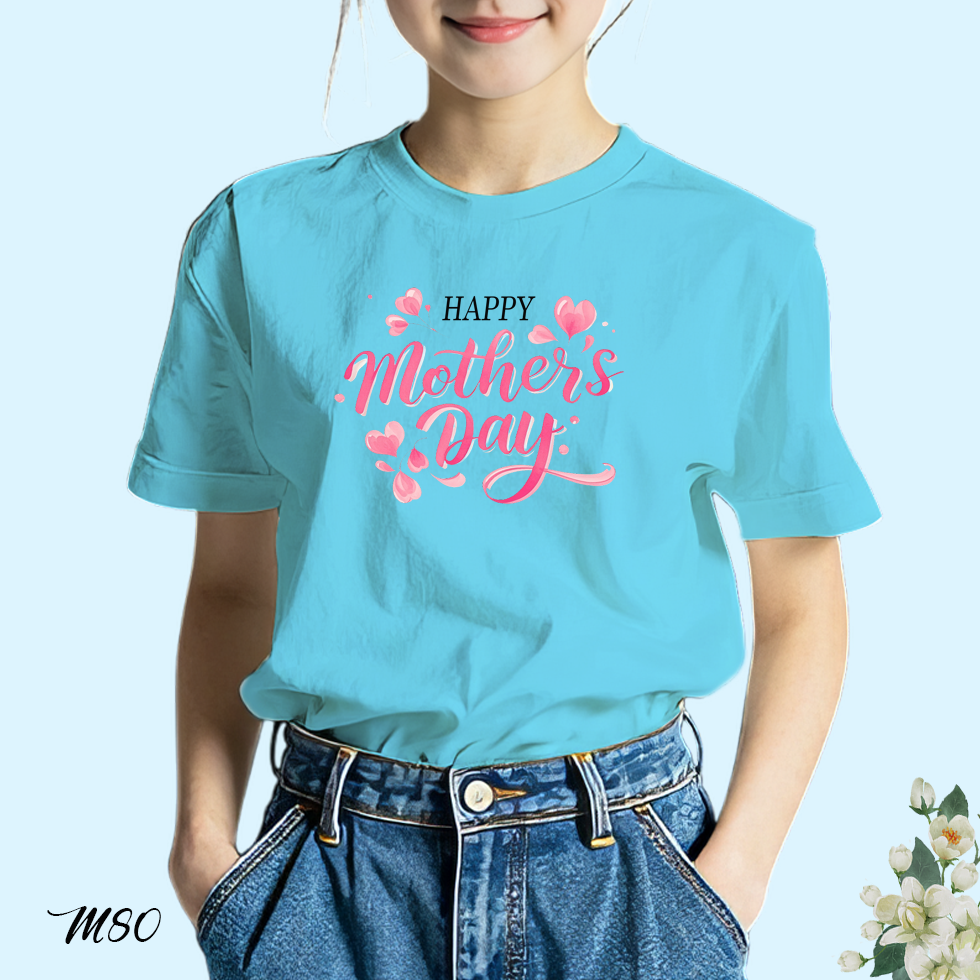 เสื้อยืดสีฟ้าวันแม่ สกรีนลาย Happy Mother Day M80 โพลีเอสเตอร์ 100% ตรงปก Bkscreen
