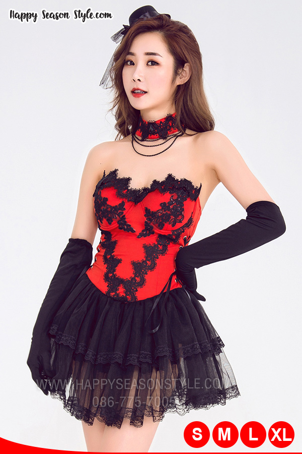 ชุดพีอาร์ พริตตี้ แซกเกาะอก สีแดง แต่งลูกไม้ดำ กระโปรงรูดระบายสีดำ พร้อมสร้อยโช๊คเกอร์และถุงมือ