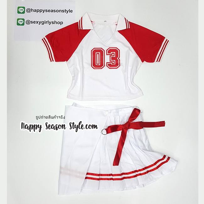 ชุดเชียร์ เชียร์ลีดเดอร์ ชุดเชียร์กีฬา สีแดงกระโปรงขาว แนวเกาหลี วง WJSN เพลง HAPPY MOMENT เสื้อขาวแขนแดง