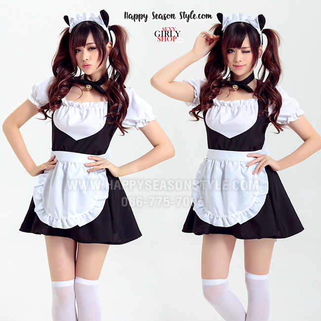 ชุดแฟนซี ชุดคอสเพลย์ ชุดเมด แม่บ้าน - maid ชุดสาวเสิร์ฟ ดำ หูแมว อกพอง รูปหัวใจ