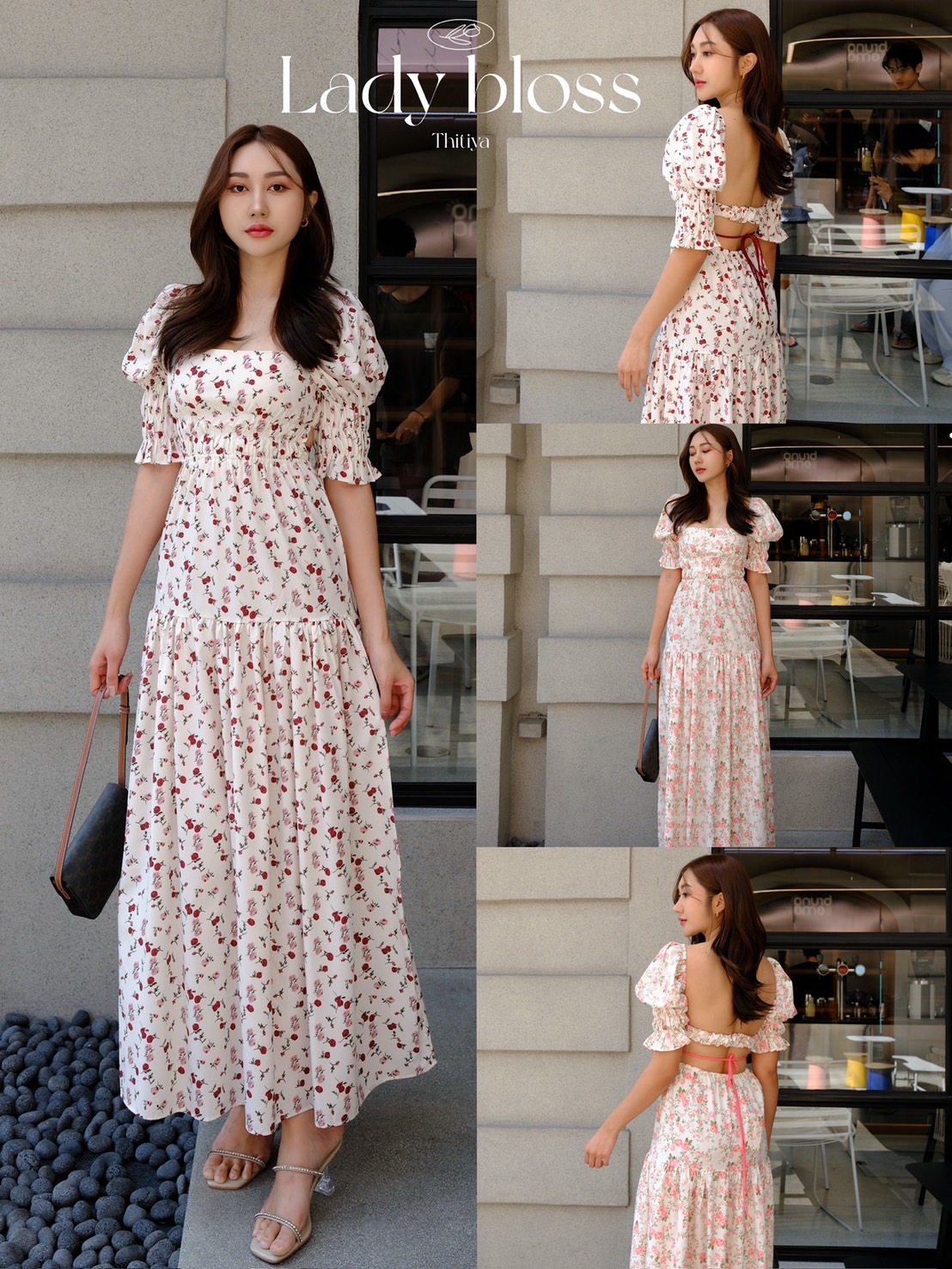 Lady bloss - เดรสยาวพิมพ์ชายดอกไม้ แขนพองสม็อค ด้านหลังสายสม๊อค thitiya