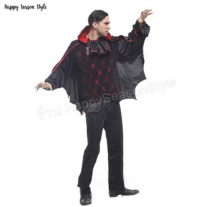 ชุดแวมไพร์ ท่านเคาท์ แดรกคูล่า รุ่น เสื้อลูกไม้ ผ้าคลุมทรงปีกค้างคาว ผีดูดเลือด Vampire