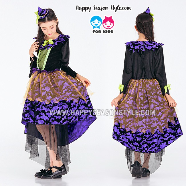ชุดแฟนซีเด็ก ชุดแม่มดเด็ก ชุดแม่มดสีม่วง หน้าสั้นหลังยาว ลายค้างคาว พร้อมที่คาดผม