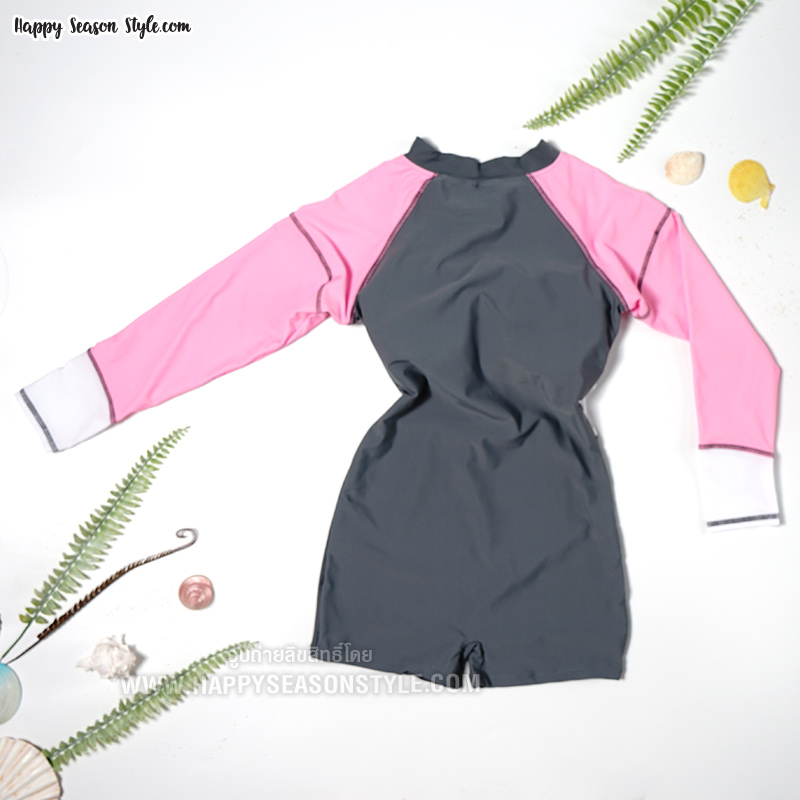 ชุดว่ายน้ำ วันพีช แขนยาว ขาสั้น ซิปหน้า สีเทา-ขาว-ชมพู (มีหลายสี)