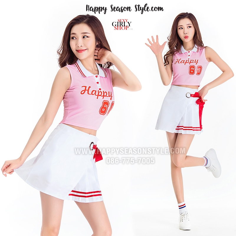 ชุดเชียร์ ชุดเชียร์ลีดเดอร์ ชุดเชียร์กีฬา ชมพู ปกโปโล แขนกุด กระดุมรูปหัวใจสีแดง กระโปรงขาว แนวเกาหลี ใส่ได้ 2 แบบ