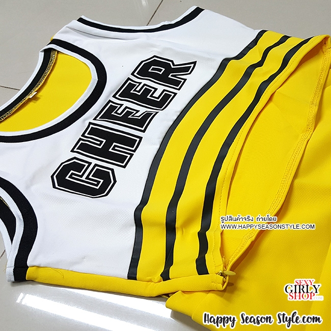 ชุดเชียร์ เชียร์ลีดเดอร์ ชุดเชียร์กีฬา สีเหลือง เอวลอย ขลิบดำ สกรีนที่อก กระโปรงทรงทวิส