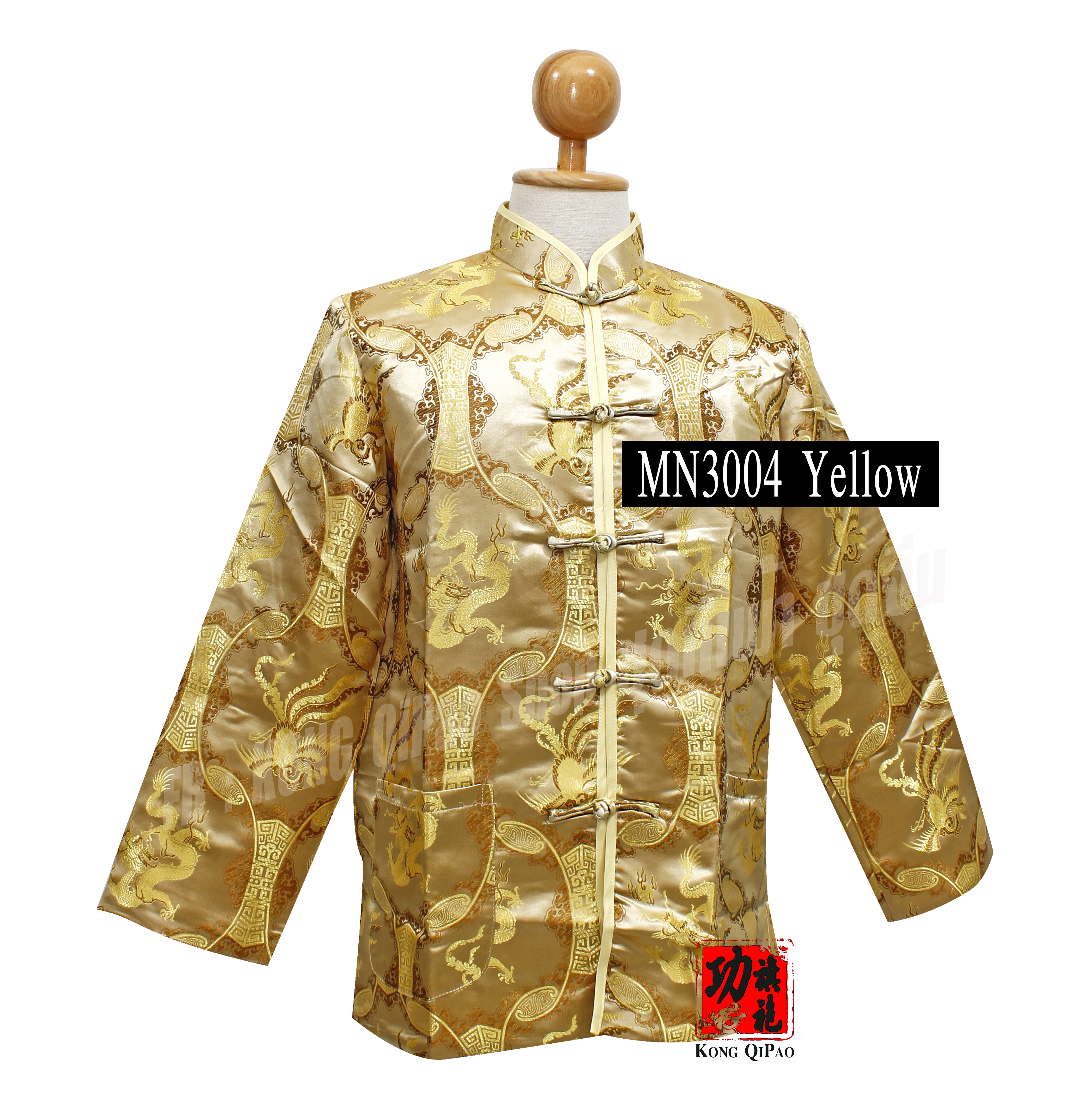 MN3004 เสื้อจีนแขนยาว ลายมังกรทอง