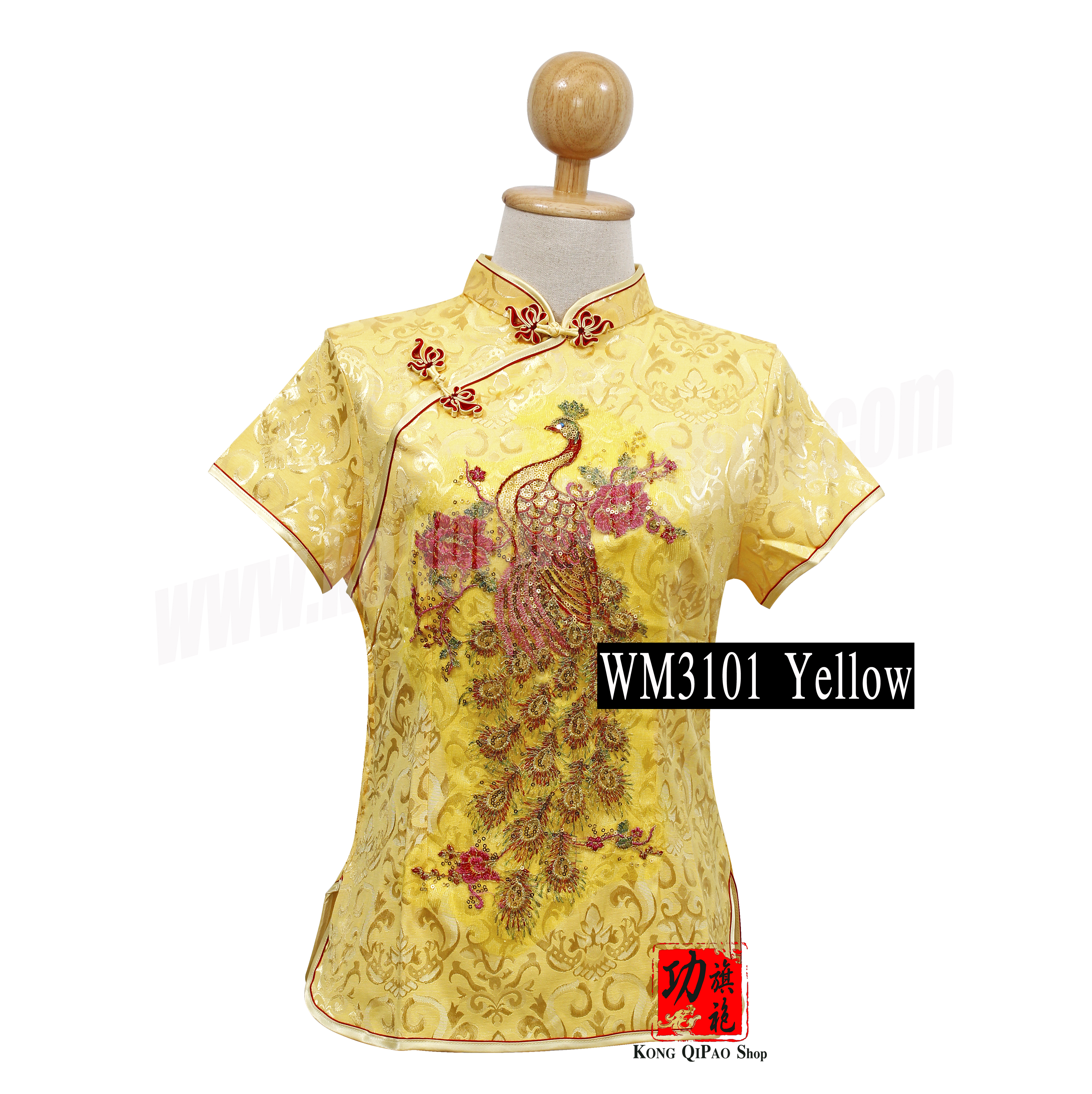 WM3101 เสื้อจีนผู้หญิง คอเฉียง ลายนกยูง