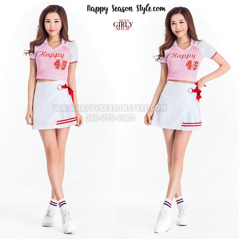 ชุดเชียร์ เชียร์ลีดเดอร์ ชุดเชียร์กีฬา สีชมพู ปกโปโล แขนขาว กระโปรงขาว แนวเกาหลี ใส่ได้ 2 แบบ