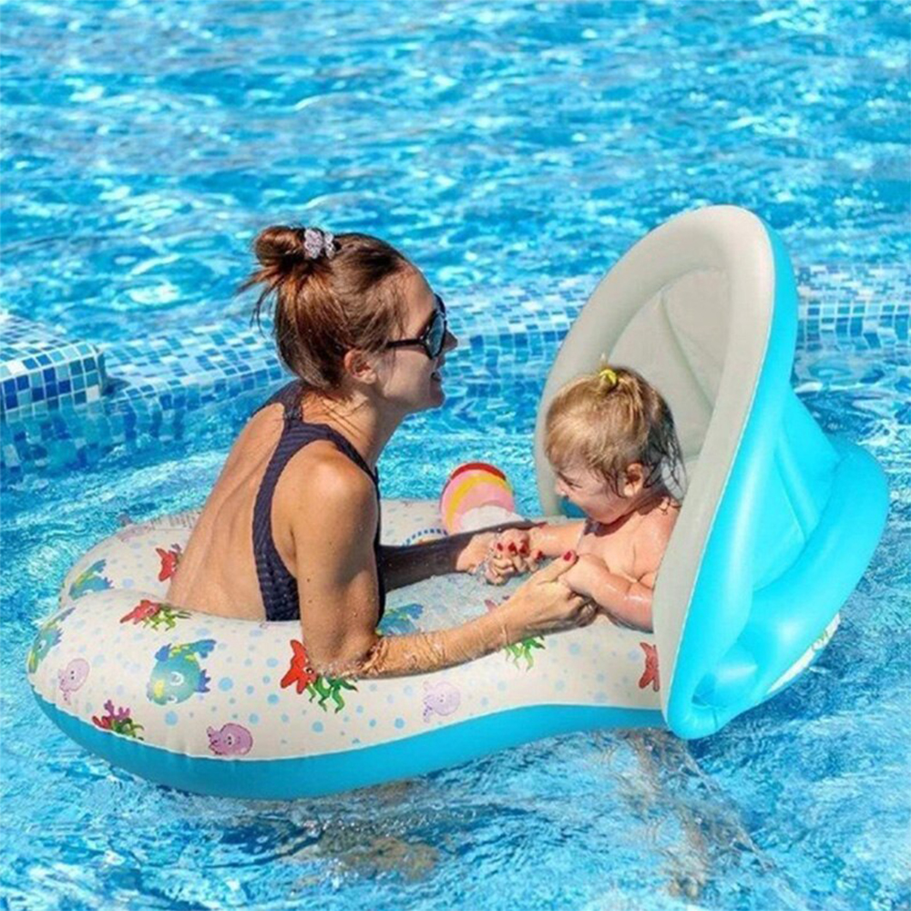 ห่วงยางเด็กและแม่ มีที่บังแดด สีฟ้า-ขาว Inflatable Blue-White Mom-Baby with Umbrella Pool Float