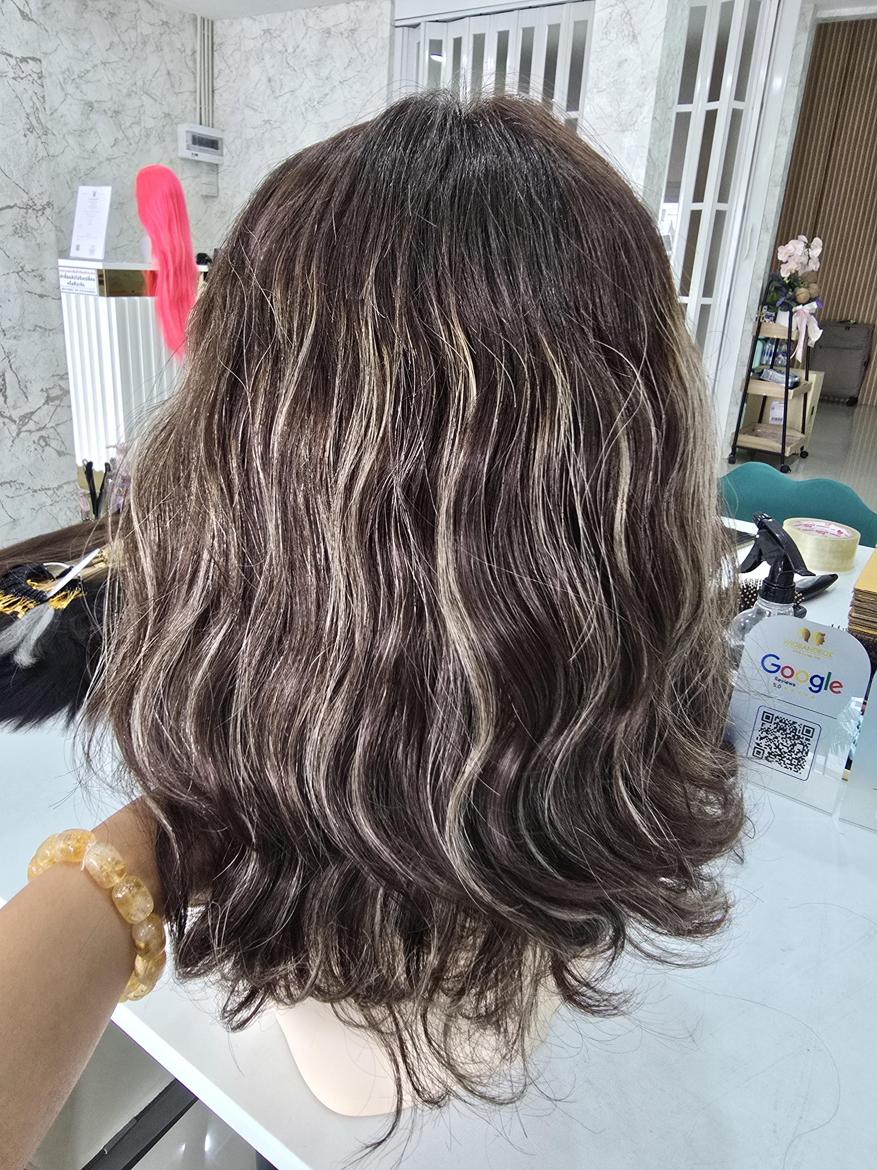 วิกผมแท้ทอมือ งานพรีเมี่ยม เสยแสกเนียนมาก ไม่ต้องใช้กาว สีน้ำตาลไฮไลท์ Premium Human Hair Jewish Wig