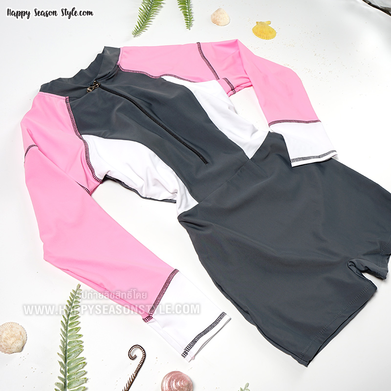 ชุดว่ายน้ำ วันพีช แขนยาว ขาสั้น ซิปหน้า สีเทา-ขาว-ชมพู (มีหลายสี)