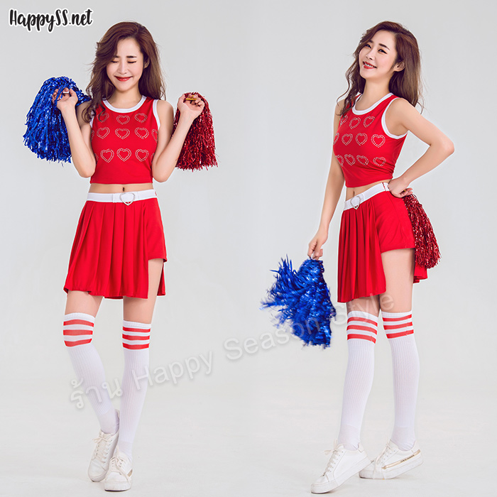ชุดเชียร์ ชุดเชียร์ลีดเดอร์ ชุดเชียร์กีฬาสีแดง ลายหัวใจ ขอบขาว