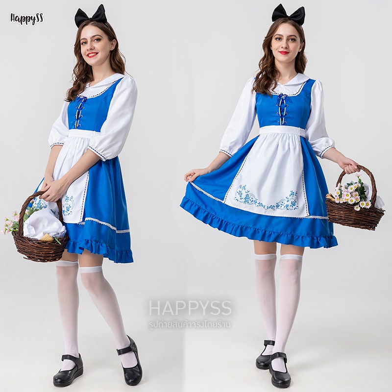 ชุดอลิซ อลิสในแดนมหัศจรรย์ Alice ชุดเมด ยุโรป บาวาเรียน เสื้อสีฟ้าผ้ากันเปื้อนสีขาวสกีนลายลูกไม้ 🏍️ ส่งไวจากไทย