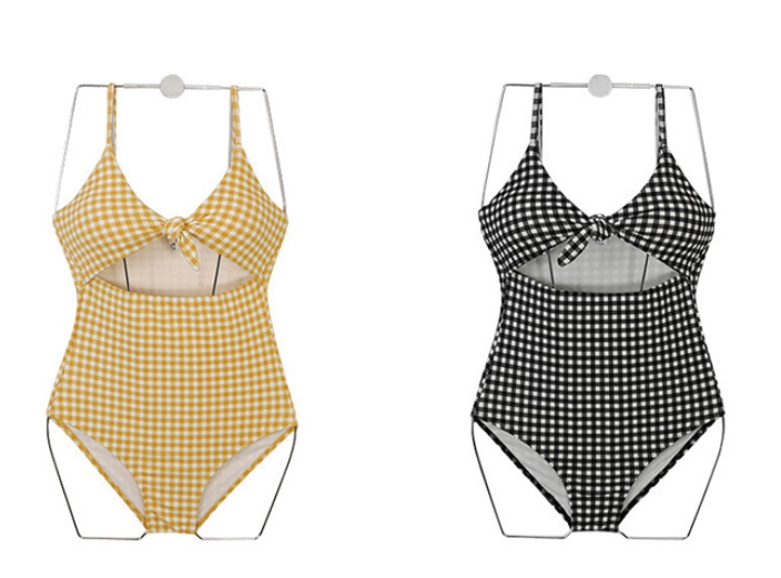 ชุดว่ายน้ำวันพีช สายเดี่ยวลายสก็อตผูกอก เว้าหน้า