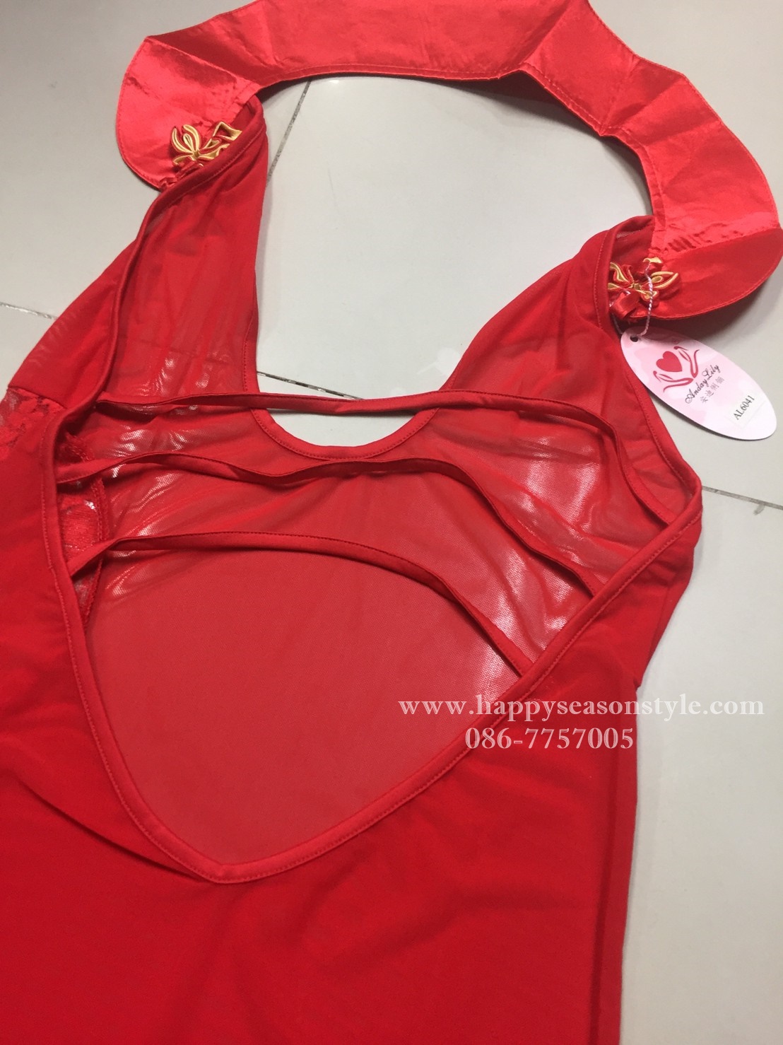 ชุดกี่เพ้าสีแดง ซีทรู ปกตั้ง เก๋