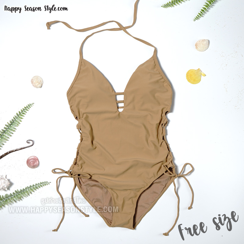 ชุดว่ายน้ำ วันพีช ผูกคอ สานข้าง สายฝอ สีเนื้อ (มีให้เลือก 3 สี)