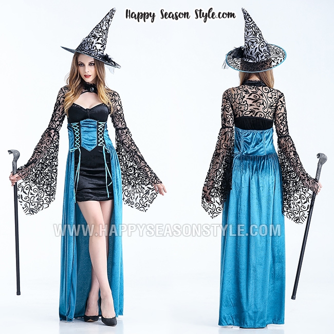 ชุดแม่มด สีฟ้าแขนลูกไม้ซีทรูดำ หมวกแหลม