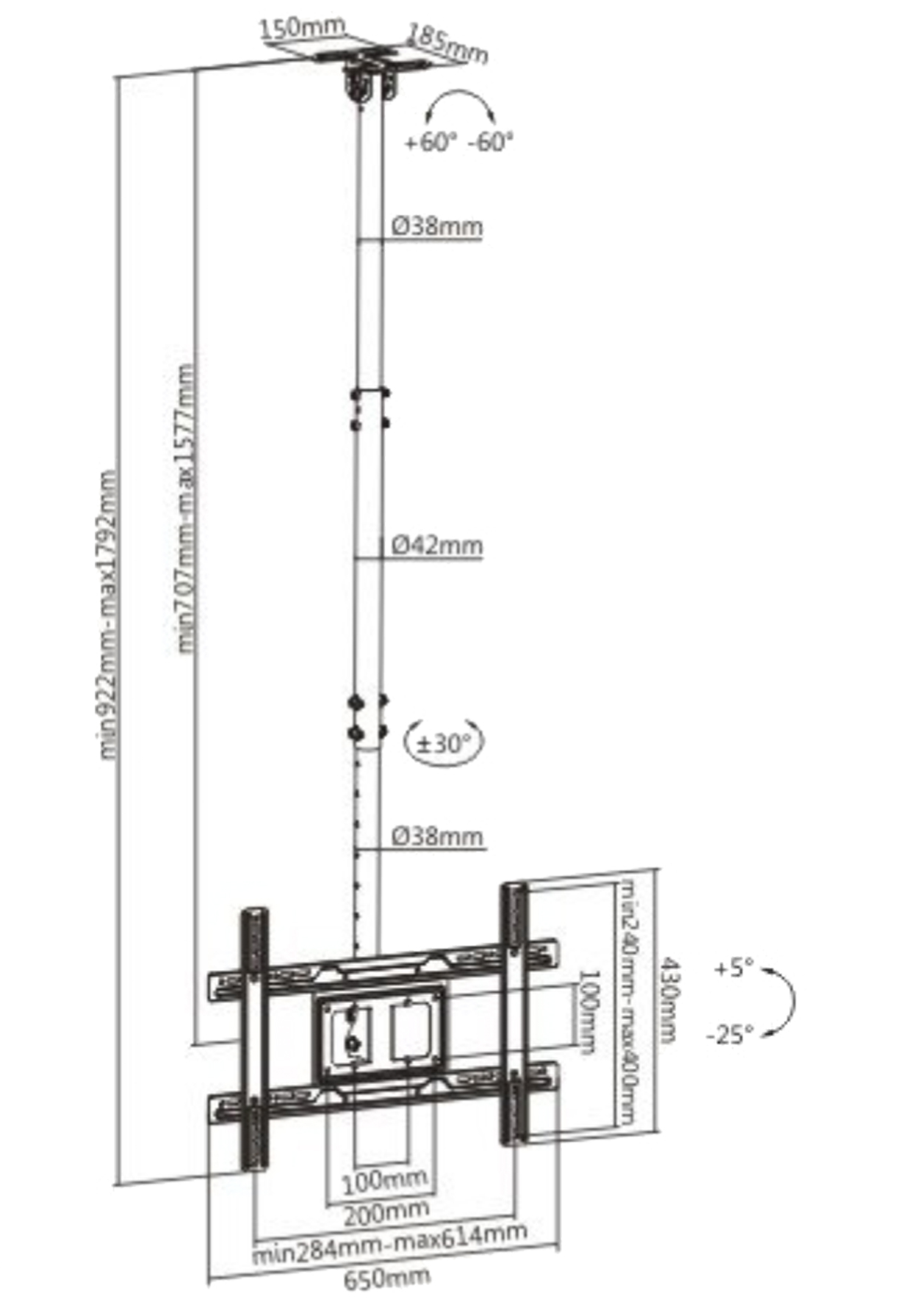 JMTVSTAND MT-T5400 ขาแขวนสำหรับแขวนเพดาน วัสดุเหล็กหนา ปรับสูง-ต่ำ ก้ม/เงย 37"-80"/86",นิ้ว0964746498