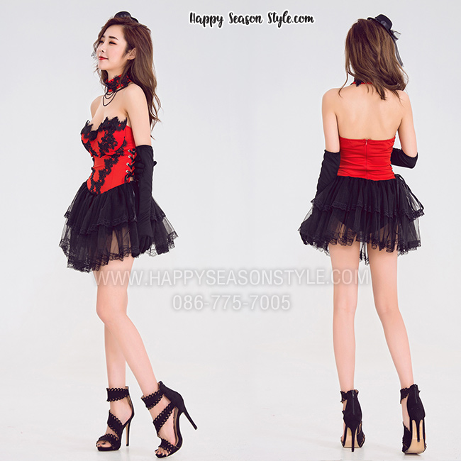 ชุดพีอาร์ พริตตี้ แซกเกาะอก สีแดง แต่งลูกไม้ดำ กระโปรงรูดระบายสีดำ พร้อมสร้อยโช๊คเกอร์และถุงมือ