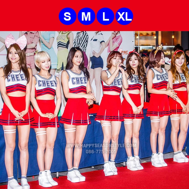 ชุดเชียร์ ชุดเชียร์ลีดเดอร์ ชุดเชียร์กีฬา สีแดง เอวลอย ขลิบดำ สกรีนที่อก กระโปรงทรงทวิส