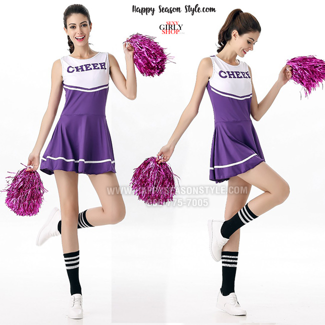 ชุดเชียร์ ชุดเชียร์ลีดเดอร์ เชียร์กีฬา ชุดปอมๆ เชียร์หลีดเดอร์ สีม่วง แซกผ้ายืด สกรีนที่อก Cheer