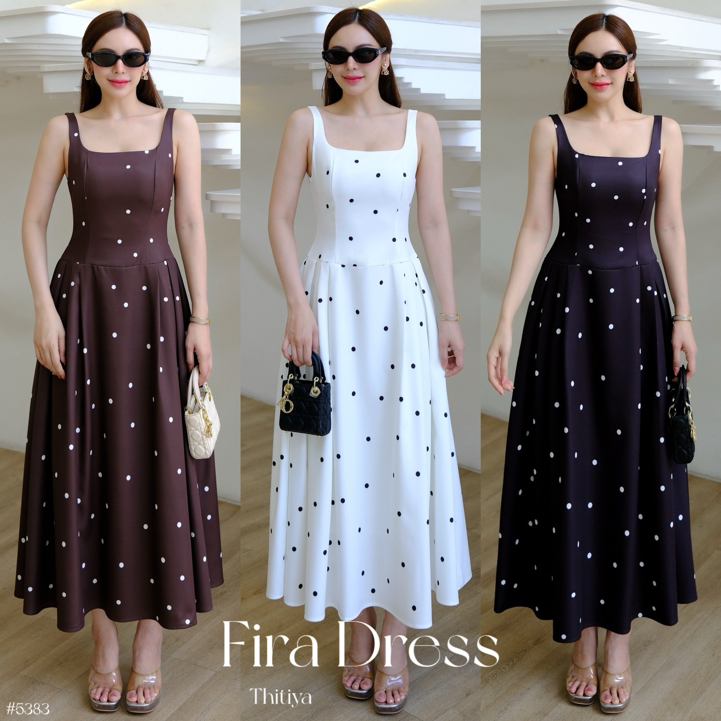 #5383 Fira Dress (ฟิรา เดรส) เดรสแมคซี่ทรงสวยเป๊ะ จับจีบส่งสะโพก เนื้อผ้าอย่างดีนิ่มลื่นพิมพ์ลายPolka dots thitiya