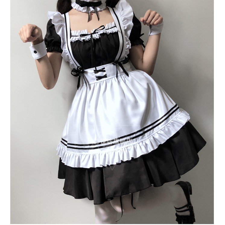 ชุดเมด ชุดคอสเพลย์ MAID ขาวดำ แต่งริบบิ้น 2 ชั้น ไซส์ S-4XL