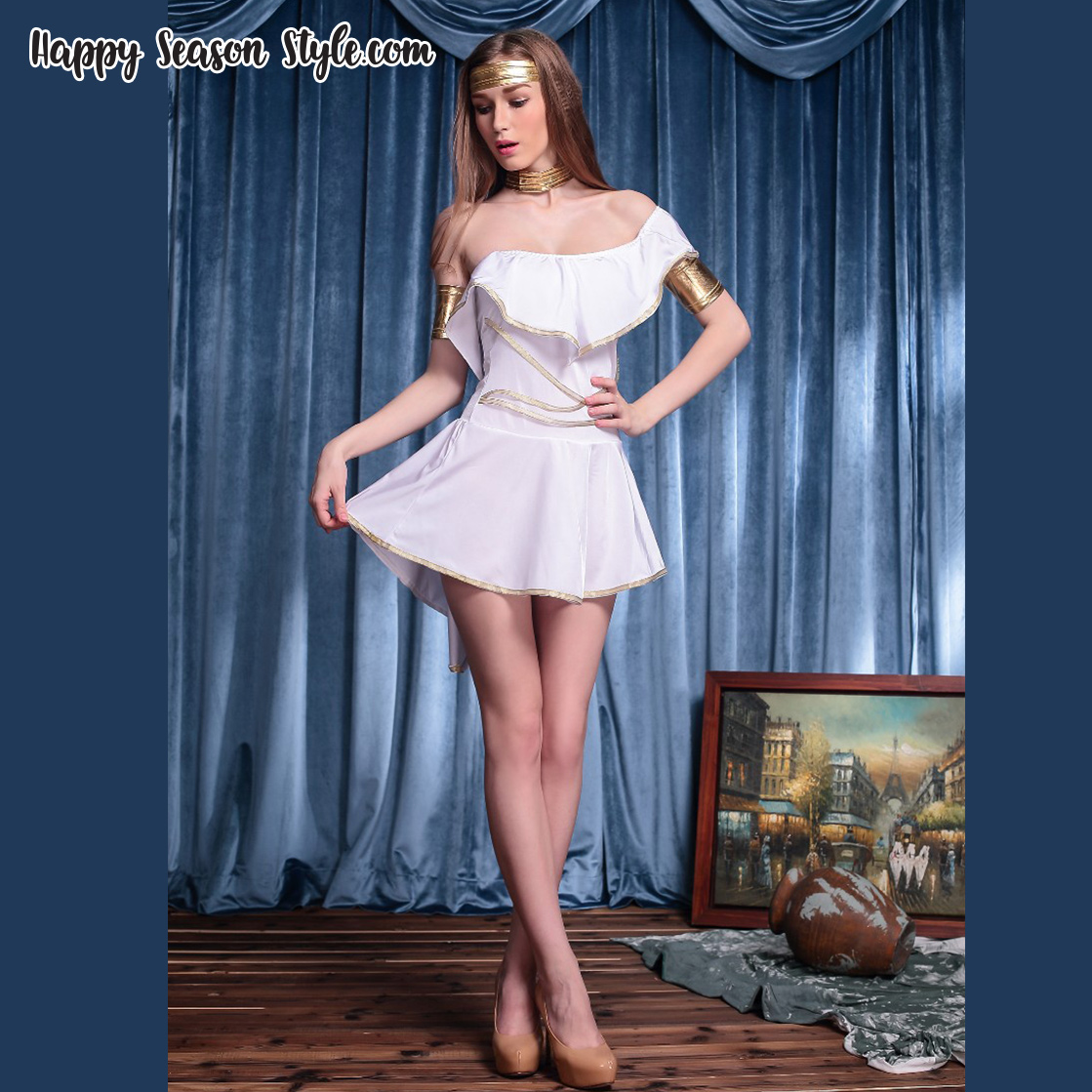 ชุดกรีก Greek สีขาวแขนเดี่ยวระบาย