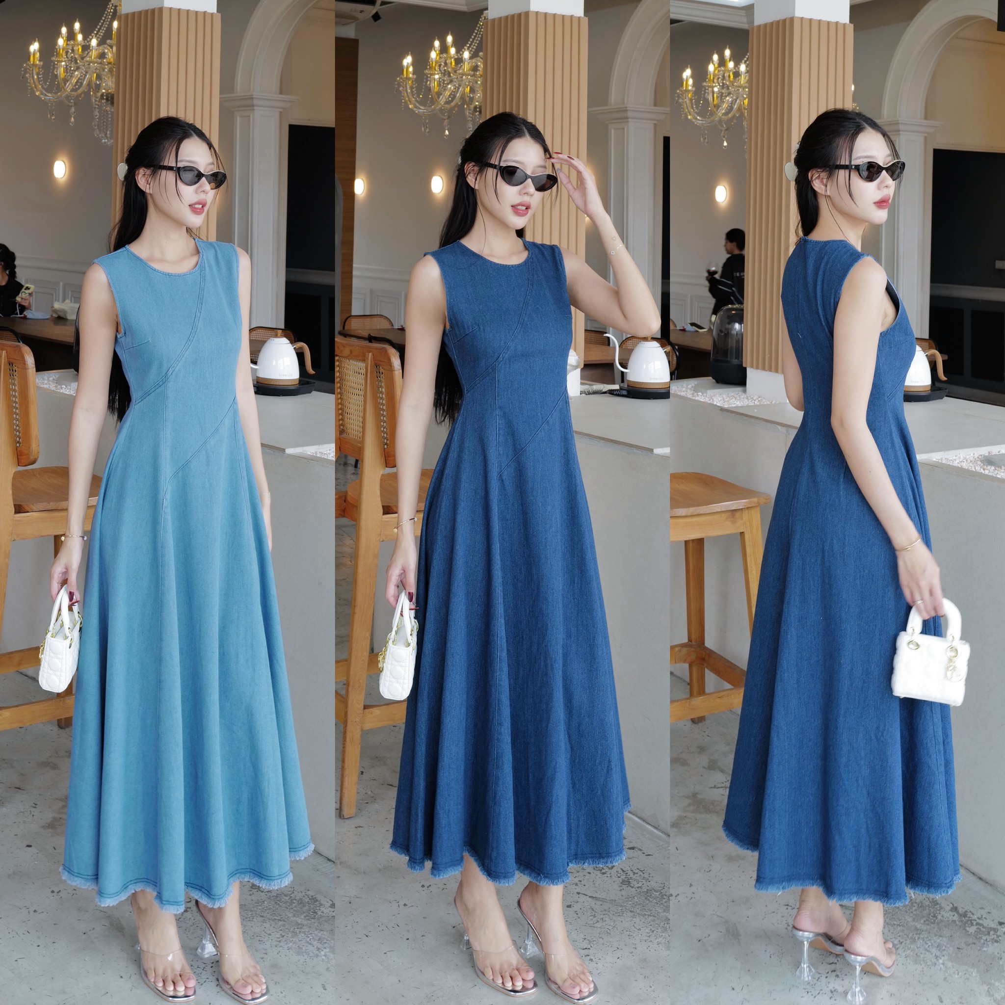 #5425 EVE CLOTHING 🤍 เดรสยาวยีนส์ คอกลมแขนกุด ซีปหลัง ผ้าไม่ยืดใส่สบาย ทรงสวยหรูดูแพงมาก