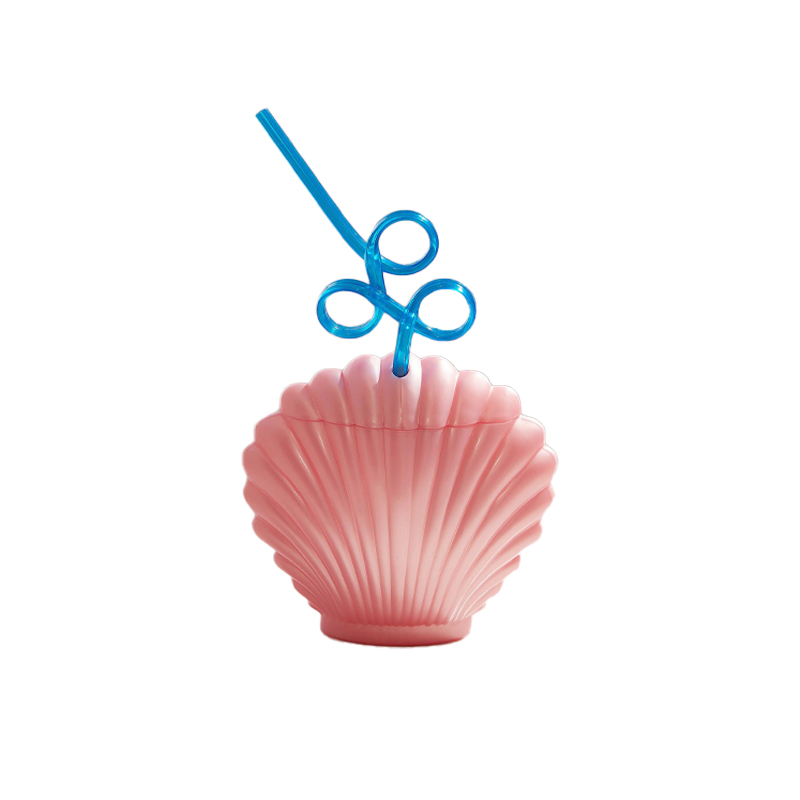 กระบอกน้ำพลาสติก เปลือกหอยชมพู พร้อมหลอดพลาสติก Seashell Cup With Plastic Straw