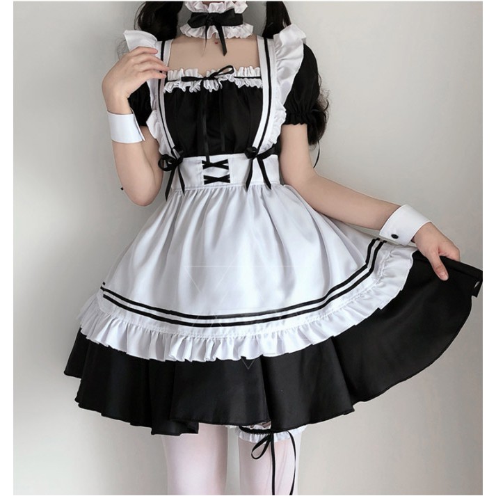 ชุดเมด ชุดคอสเพลย์ MAID ขาวดำ แต่งริบบิ้น 2 ชั้น ไซส์ S-4XL