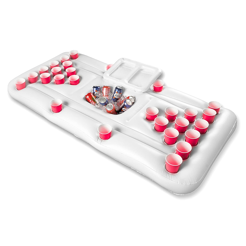 แพเป่าลมสำหรับเล่นเบียร์ปองลอยน้ำ พร้อมถังใส่น้ำแข็งตรงกลาง Inflatable Beerpong Pool Float With Ice Bucket Cooler