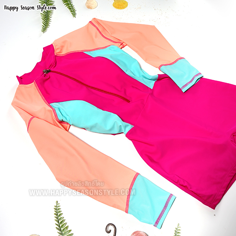 ชุดว่ายน้ำ วันพีช แขนยาว ขาสั้น ซิปหน้า สีชมพู-ส้ม-ฟ้า (มีหลายสี)