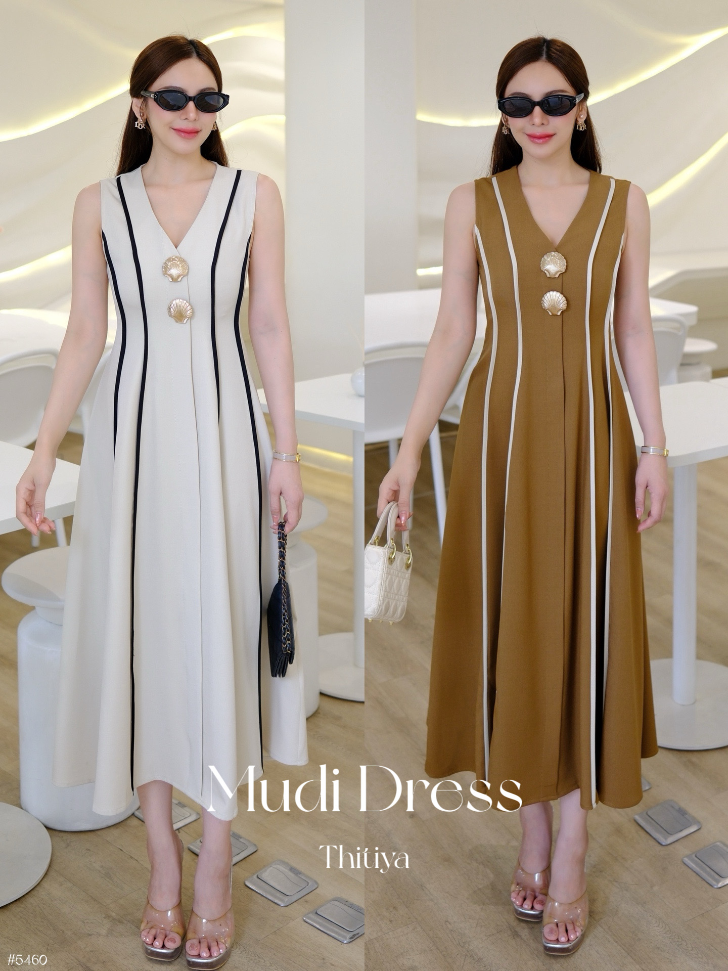#5460 Mudi Dress เดรสมิดิทรงพอดีตัว ปล่อยช่วงสะโพกใส่สบายๆ ทรงลอนใหญ่เบาๆเพิ่มเลเยอร์ thitiya